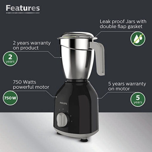 Philips HL7759/00 Mixer Grinder, 750W Turbo Motor, 4 Jars (Black), Edged blade made of superior SS304 material, Quick cool ventilation for longer motor life - Image 4